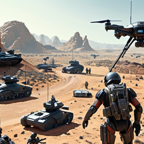Home 4 **Futuristic Battlefield:** A high-tech warzone with AI-controlled drones and robots engaged in combat. Include elements of cyber warfare with digital interfaces overlaying the scene. Show a diverse landscape of land, air, and possibly space engagement.