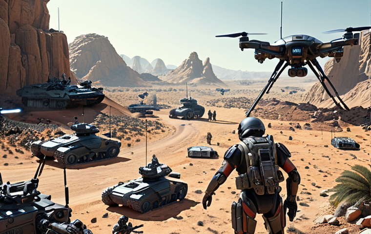 **Futuristic Battlefield:** A high-tech warzone with AI-controlled drones and robots engaged in combat. Include elements of cyber warfare with digital interfaces overlaying the scene. Show a diverse landscape of land, air, and possibly space engagement.