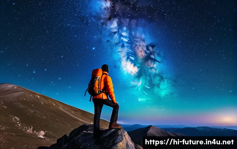 외계 지적 생명체 탐색 프로젝트 - A fully clothed adult figure, wearing practical outdoor attire like a warm jacket and hiking trouser...