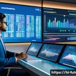 Home 14 미래 연구 방법론 - A futuristic data analytics control room in India, featuring diverse Hindi-speaking professionals an...
