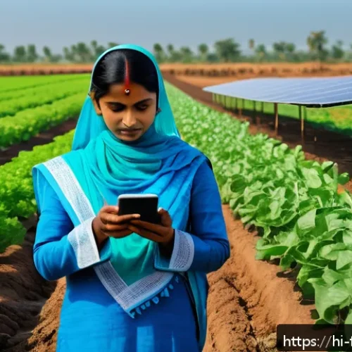 Home 13 식물 공장과 유전자 변형 작물 - A vibrant Indian farm scene showcasing a female farmer in traditional attire using a smartphone app ...
