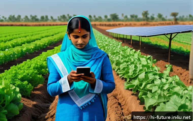 식물 공장과 유전자 변형 작물 - A vibrant Indian farm scene showcasing a female farmer in traditional attire using a smartphone app ...