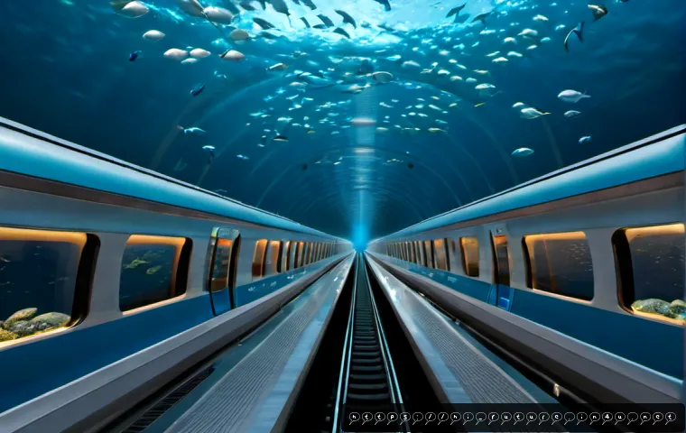 Home 15 해저 터널과 대륙 연결망 - Photorealistic cutaway view of a deep-sea tunnel connecting two distant continental coastlines, a sl...
