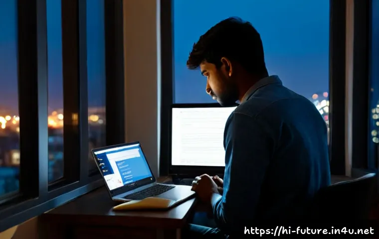 Home 17 온라인 커뮤니티와 인간 소외 - Photorealistic evening scene of a young Indian man sitting alone at a small apartment desk, illumina...